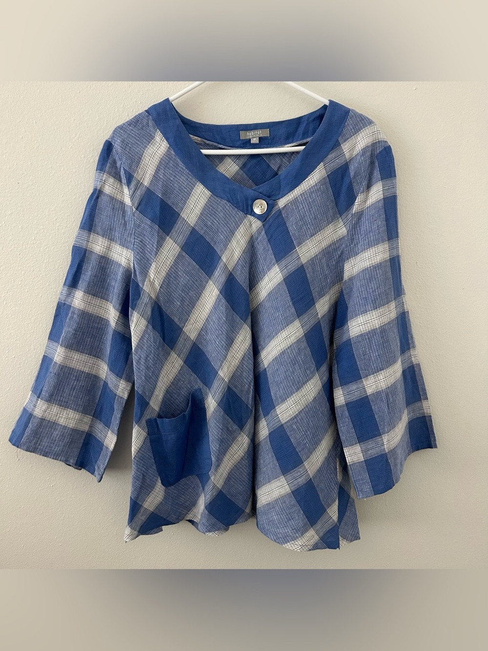 Habitat Clothes To Live In Linen Blend Blue White Plaid Top XL Coastal Lagenlook